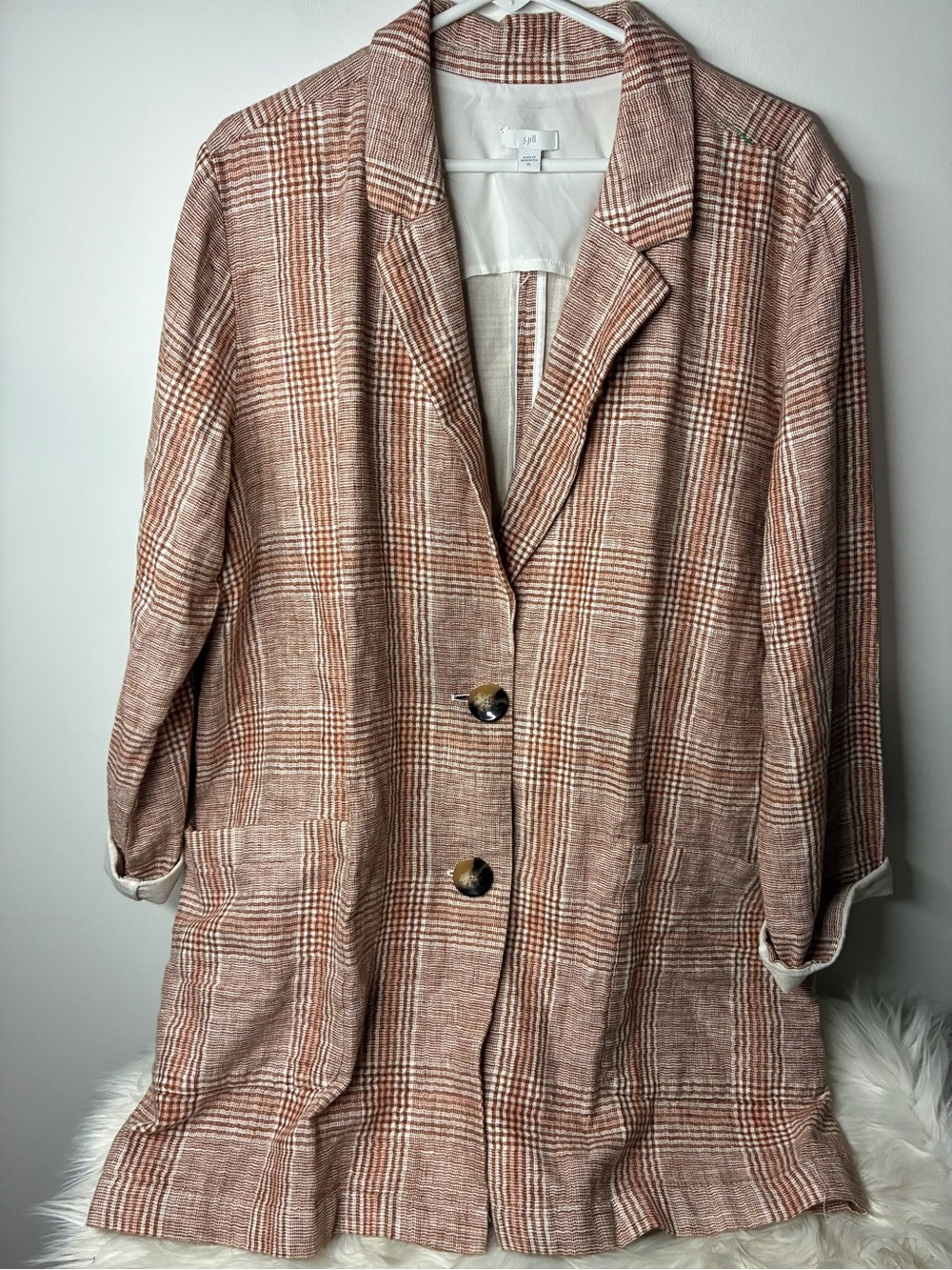 J. Jill Plaid Longline Blazer in Rust and Cream